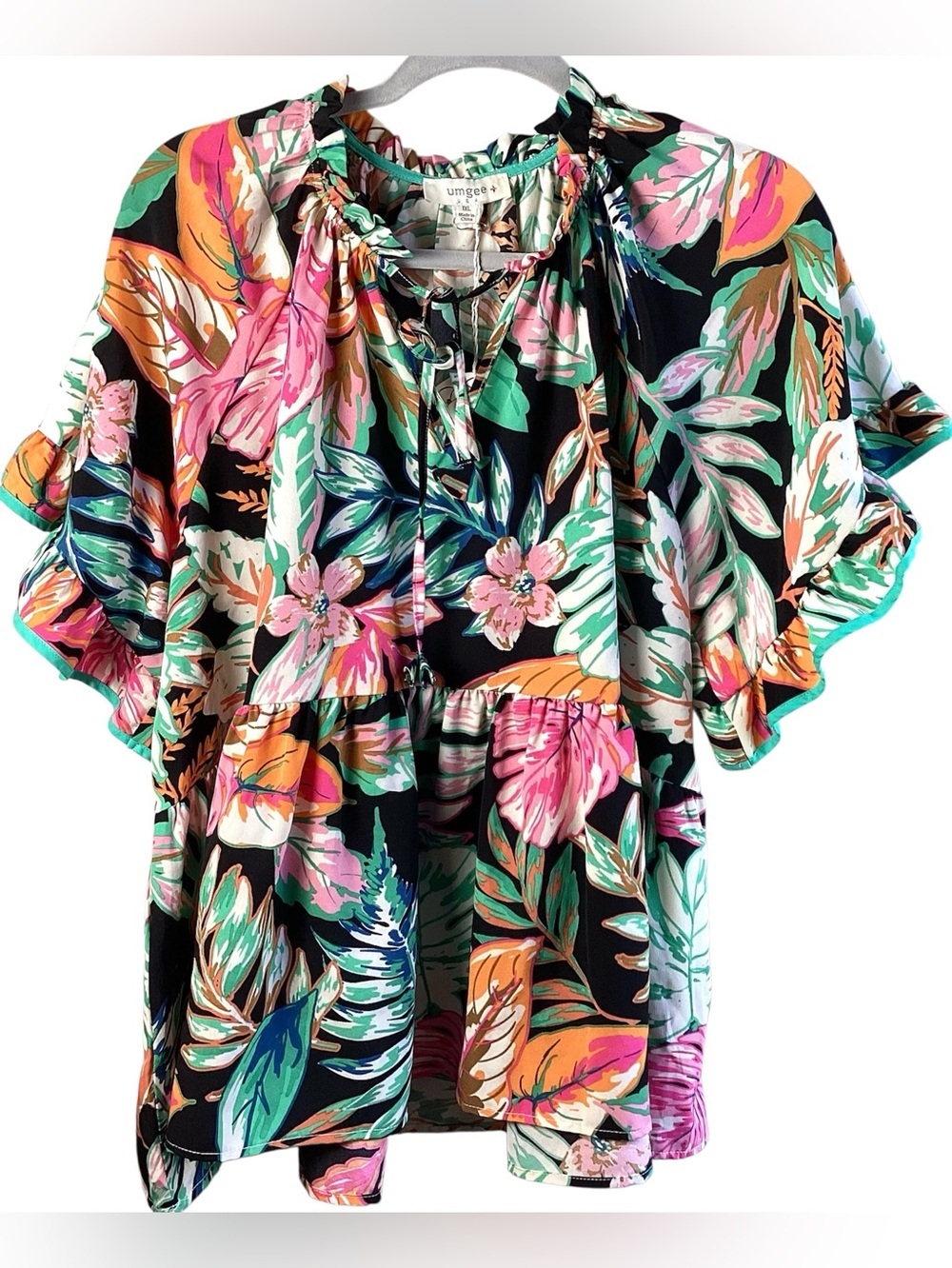 Umgee Black Floral Tie-Neck Ruffle Blouse tropical peplum blouse